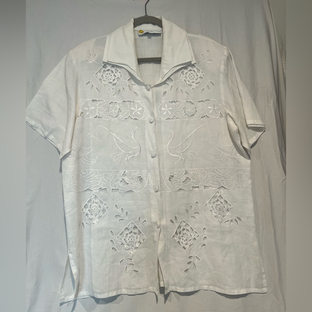 Embroidered White Women's Button-Front Top